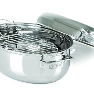 Viking 3-Ply Stainless Steel Oval Roaster with Metal Induction Lid and Rack, 8.5 Quart