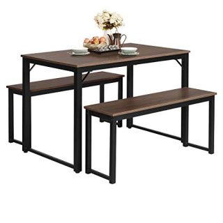 Giantex Dining Table with Bench, Modern Studio Collection Table with 2 Benches, Kitchen 3Pcs Bench Dining Table Set with Metal Frameor for Living Room, Kitchen, Small Space (Brown & Black)