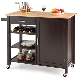 Giantex Kitchen Island Cart Rolling Serving Cart Wood Trolley with Drawer, Storage Cabinet, Wine Bottle Rack, Towel Rack and Lockable Wheels (Brown)