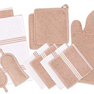 DAILY HOME ESSENTIALS - 11 Pack Cotton Terry Kitchen Linen Set (Kitchen Towels, Dish Cloth, Oven Mitt, Pot Holder & Pan Handle Sleeves) (Beige) | Ideal for All Kitchen Household Tasks