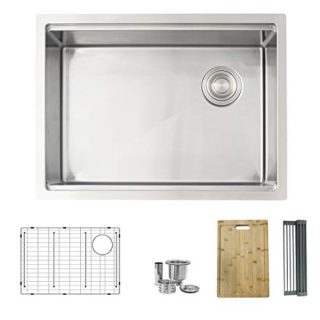 AZUNI 25"L x 19"L Single Bowl Undermount 16G Kitchen Ledge Workstation Sink with Grid, Luxury Basket Strainer, Drying Rack and Bamboo Cutting Board, C126L (25 x 19 inch)