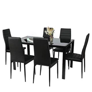 MountGet Glass Table and PU Leather Chairs Set of 6, 7 Piece Kitchen Dining Table Set