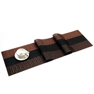 SHACOS Woven Vinyl Table Runner 12x71 inch Wipe Clean PVC Cuttable Table Runner for Kitchen Dining Tables Cabinet (Ombre Coffee and Black,12 by 71 inch)