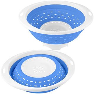 QiMH Collapsible Colander and Strainer, 5 Quart(1.25 gal) BPA Free & Dishwasher-safe Silicone Foldable Strainer, Heavey Duty Kitchen Drainer Basket for Pasta, Veggies and Fruits(Blue&White)