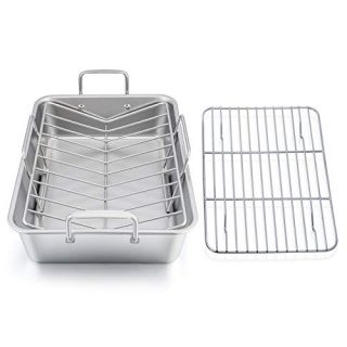 Roasting Pan, E-far 15.2 Inch Stainless steel Turkey Roaster with Rack, Include Deep Lasagna Pan & V-shaped Rack & Roasting Rack, Non-toxic & Heavy Duty, Easy Clean & Dishwasher Safe - Rectangular