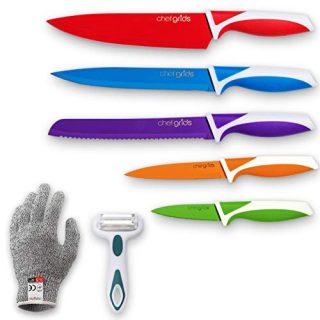 Chef Grids Colorful Knife Set with Knife covers, with Multipurpose Peeler and Single protective glove | 12-piece Kitchen Knives set Rainbow Knife Set with assorted Colored Knives