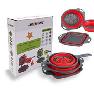 CERSHIDOFF Collapsible Colander and Strainer set of 4-1 pc Round Collapsible Colander Strainer, 1 pc Square Collapsible Strainer, 1pc collapsible strainer with handle, 1 pc Kitchen Funnel (RED)