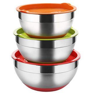 Stainless Steel Mixing Bowls with Lids (Set of 3), Non Slip Colorful Silicone Bottom Nesting Storage Bowls by Regiller-yyi, Polished Mirror Finish For Healthy Meal Mixing and Prepping 2.5-3.5-4.2QT