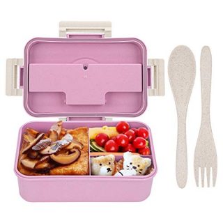 Supplim Bento Box For Kids and Adults With 3 Compartment,Wheat Fiber Lunch Box Leak Proof Lunch Container With Spoon & Fork (Pink)