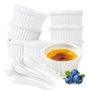 Souffle Dish Ramekins for Baking – 6 Ounce (Set of 8, White with 8 Extra Spoons) 6 Oz, 3.5-inch Ceramic Oven Safe Round Bowl for Creme Brulee Desserts Puddings Custard Cups Ice Cream Lava Cake Snacks