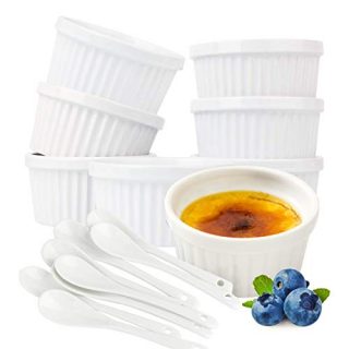 Souffle Dish Ramekins for Baking – 6 Ounce (Set of 8, White with 8 Extra Spoons) 6 Oz, 3.5-inch Ceramic Oven Safe Round Bowl for Creme Brulee Desserts Puddings Custard Cups Ice Cream Lava Cake Snacks
