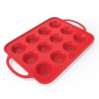 Muffin & Cupcake Pan (12 cups) - Mini Muffin Pan With Handles - Nonstick European Grade Silicone With Quick Release