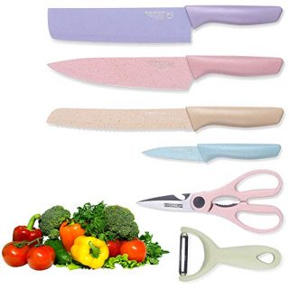 Fukep Professional Colorful Kitchen Knives Set of 6 Pieces, Non-Stick Blades with High Carbon Stainless Steel, Sharp Kitchen Cutting Knives Set for Slicing, Paring and Cooking, Chef Kitchen Knives Set