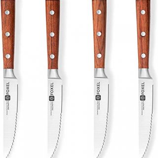 Steak Knives Set of 4 - Stainless Steel Serrated Steak Knife Set - German Steel Blade Natural Sandalwood Full Tang Handle - Steak Knifes Gift Box Set - Not for Dishwasher