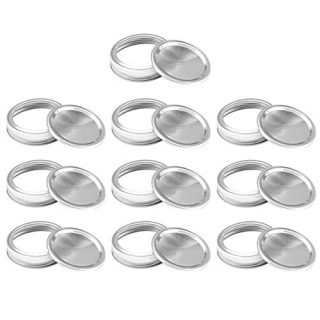 Regular Mouth Split-Type Tinplate Mason Jar Lids Rings With Bands Silver Leak Proof Canning Jar Covers Caps With Gaskets Silicone Seals 20 Pcs/10 Sets(1 Pack) For Food Storage Kitchen Accessories