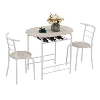 VINGLI 3 Piece Dining Set Small Dining Table and 2 Chairs Kitchen Breakfast Dining Table Set with Metal Frame and Wine Rack (White Oak)