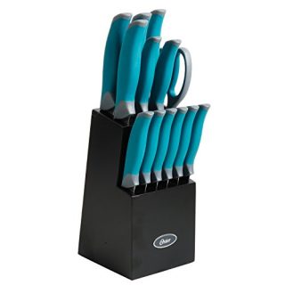 Oster Lindbergh 14 Piece Stainless Steel Cutlery Set Black Block, Teal Handles,Teal/Black