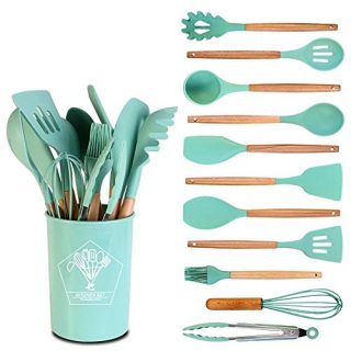 Jimee Home Kitchen Utensil Sets 12 Pcs Silicon Cooking Tools with Holder Wooden Non-Slip Handle Spatula Salad Tongs