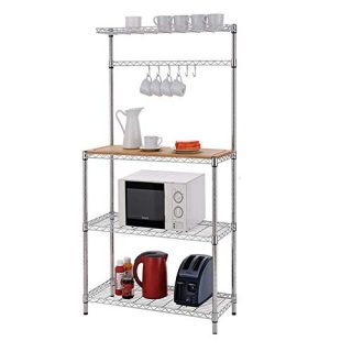 Kitchen Baker's Rack, Adjustable 4 Tier Wire Shelving Storage Shelf Microwave Oven Stand Spice Rack Organizer Utility Cart with Wood Cutting Board and Hooks for Home Kitchen Storage
