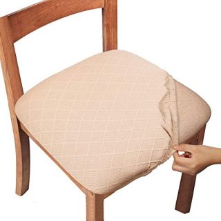 Gute Chair Seat Covers, Dining Room Chair Seat Covers with Ties, Stretch Jacquard Chair Covers Protectors for Dining Room Kitchen Chairs - Set of 4, Rhombic, Beige