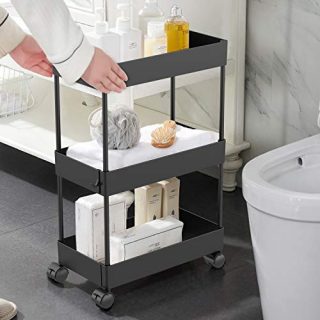 AOJIA Slim Storage Cart, 3 Tier Bathroom Organizers Slide Out Storage Shelves Mobile Shelving Unit Organizer Rolling Utility Cart with Casters Wheels for Bathroom Kitchen Laundry Narrow Places