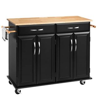 kealive Kitchen Island on Wheels Rolling Kitchen Island Cart with Storage, Lockable Wheels, Handle Rack Rubber Wood Top, Cabinet, Classic Black 48.2L x 18.5W x 35.4H