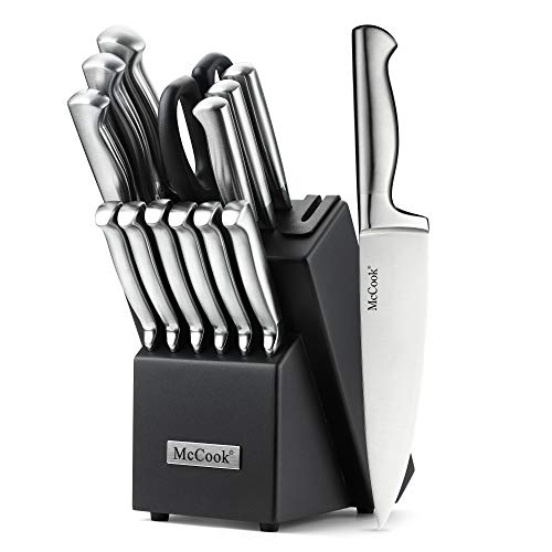 McCook MC21 15 Pieces German Stainless Steel Hollow Handle Kitchen Knife Sets in Hard Wood Block with Built-in Sharpener(Stainless Steel)