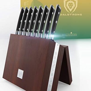 DALSTRONG Steak Knife Set with Folding Block - Gladiator Series - Set of 8 - Forged German ThyssenKrupp HC Steel - w/Modular Storage Block (5" Straight-Edge Blade, Black G10 Handle)