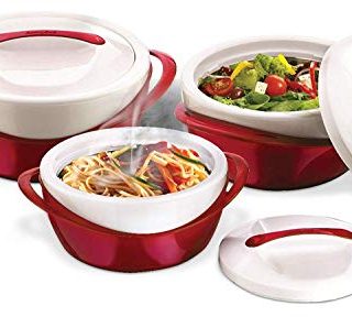 Pinnacle Thermoware 3 Pc. Set Casserole Dish - Large Soup and Salad Bowl Set - Insulated Serving Bowl With Lid - Great Bowl for Holiday, Dinner and Party - 2.6 qt. 1.25 qt. .6 qt. - Red