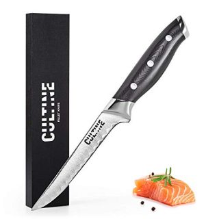 Boning & Fillet Knife by Cultine - Professional Heavy Duty 5.5-inch Sharp Knife for Meat, Sharp Damascus Steel Blade & Ergonomic Non Slip Micarta Handle