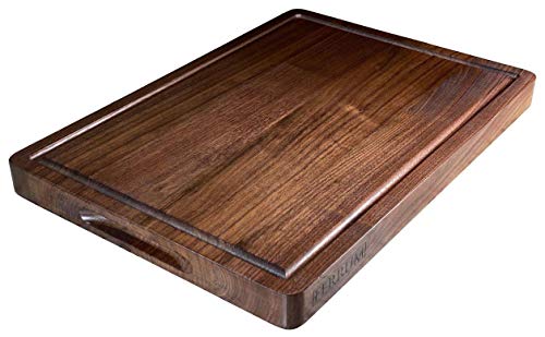 Wood Cutting Board Walnut 17x12x1.25 Inches Reversible with Handles and Juice Groove, Extra Thick Butcher Block Chopping Board Handmade By Ferrum
