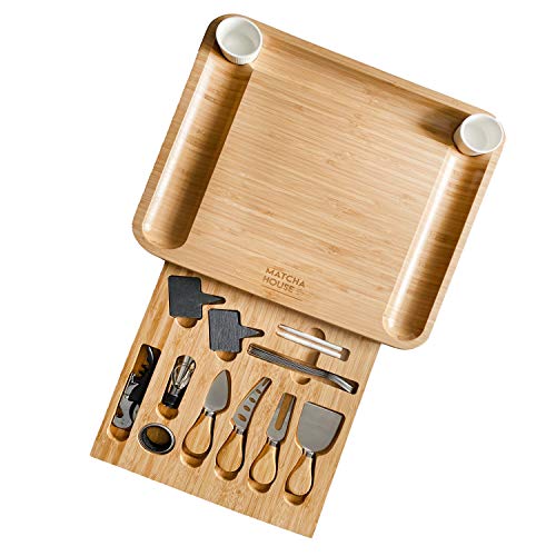 Organic Bamboo Cheese Board Set - Large Wooden Serving Tray for Charcuterie Meat Platter and Fruit | Cutlery in Slide Out Hidden Magnet Drawer with 2 Ceramic Bowls Perfect for Fancy House Warming Gift