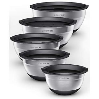 PriorityChef Stainless Steel Mixing Bowls With Lids Set of 5 - Multifunctional Stackable Measuring Bowl Set With Silicone Base - 1.2/1.7/2.2/3.6/4.7 Quart
