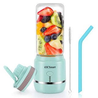 iOCSmart Portable Personal Blender, USB Rechargeable Wireless Electric Juicer Blender for Fruits Smoothie Shakes Baby Food with Cup Lid, Silicone Straw, 4000mAh High Capacity Batteries (Blue)