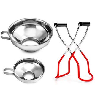 Canning Funnels with Jar Lifter, Canning Kit Supplies, Stainless Steel Kitchen Food Wide Mouth Funnel with Canning Tongs Tools for Mason Jar Large Regular