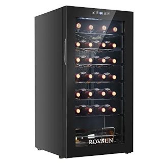 ROVSUN 18/28 Bottle Wine Cooler, Freestanding Compressor Wine Chiller w/Digital Temperature Control & Double-layer Glass Door for Red/White Wine, Champagne and More (28 Bottle)