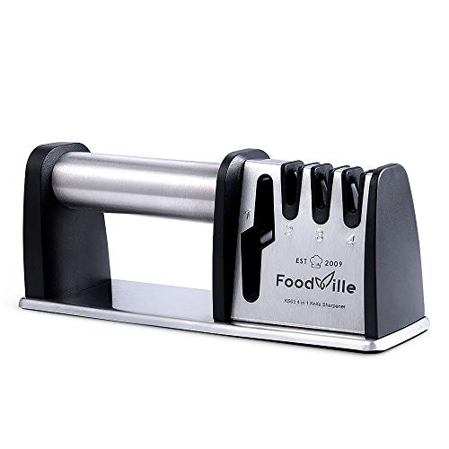 FoodVille KS03 4 Stage Professional Kitchen Knife Sharpener, with Full Stainless Steel Handle, Tungsten Steel, Emery and Zirconia Ceramic Slot for Chef Knife, Straight Knife and Scissors