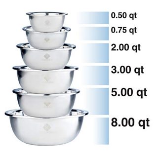 Quality Stainless Steel Mixing Bowls Set of 6. Nested Bowl Design Large to Small for Cooking Baking Prepping Food at Home & Great Salad Mixing Bowls For Your Kitchen