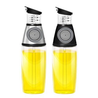 AMINNO Kitchen Oil Dispenser Press and Measure Oil Dispenser Bottles 2 pack, Olive Oil and Vinegar 500ml Glass Bottles Drip Free Oil Pourer Healthy Cruet,silver & black