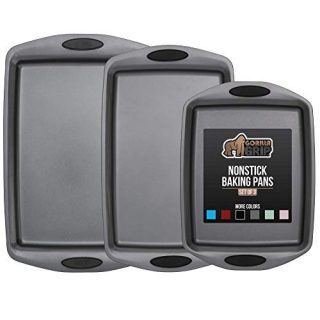 Gorilla Grip Original Non Stick Baking Pans, 3 Piece Bakeware Set, Durable Silicone Handles, Multi Purpose Professional Grade 3-Piece Kitchen Pan Sets for Baking, Cooking, Easy Clean, Set of 3, Black