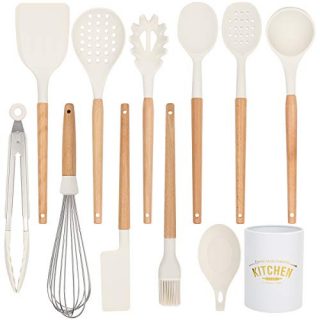 BolerGifts Cooking Utensils with Wood Handle: Professional Silicone Kitchen Tools Set with Holder for Nonstick Cookware