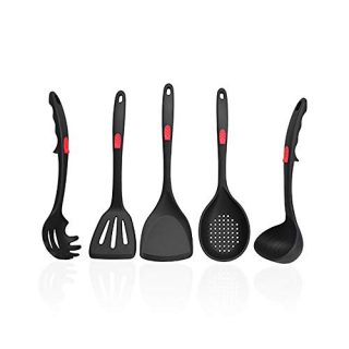 Oxdigi Silicone Utensil Set（5 piece) for Kitchen Nonstick Cookware/Including Slotted Turner, Spatula, Ladle, Slotted Spoon, Pasta Serving Fork/Cooking tools/Heat Resistant Black