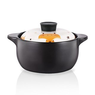 Lotus Blue 3-Quart Cartoon Pattern Ceramic Round Black Dish Casserole/Clay Pot/Earthen Pot/Ceramic Cookware With White Lid Heat-Resistant Fox Girl Uncle Brown Bear Gift Box