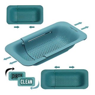 MyPrintOn's Food Grade Extendable Colander Strainer Basket- Over the Sink Colander with Matching Waterproof Dishwasher Clean Dirty Magnet - Wash Fruits, Vegetables, Drain Pasta (Teal)