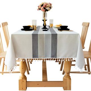 Uyis Black and Grey Cotton Linen Tablecloth, Fabric Stripe Table Cover Cloth with Stitching Tassel,Wrinkle Free Dust-Free Tabletop Decoration for Kitchen Dinning Party（Rectangle, 55x 70inch）