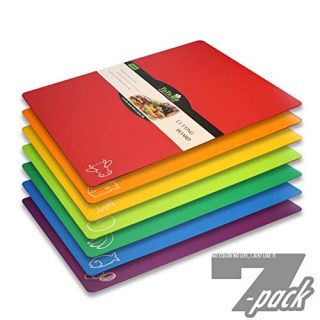 Cutting Board Mats Flexible Plastic Colored Mats With Food Icons, TuTuBo BPA-Free, Non-Porous, Anti-skid back and Dishwasher Safe, Set of 7