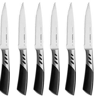 TRENDS 6 Pc Premium Steak Knife Set. Double Forged High Carbon German Stainless Steel. These steak knives are ultra-sharp & never require sharpening. Serrated steak knives set of 6. Best Steak Knifes