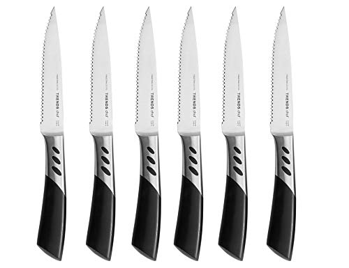 TRENDS 6 Pc Premium Steak Knife Set. Double Forged High Carbon German Stainless Steel. These steak knives are ultra-sharp & never require sharpening. Serrated steak knives set of 6. Best Steak Knifes