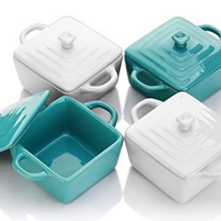 LIFVER 8 Ounces Ceramic Ramekins for Baking, Mini Casserole with Lid, Souffle Dish, Set of 4, White Blue
