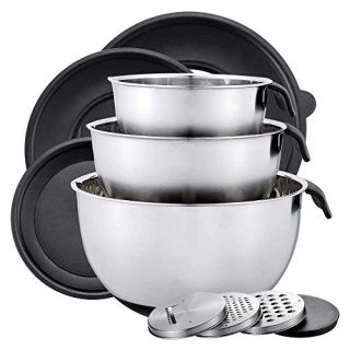 Stainless Steel Mixing Bowls with Lid,Size 1.5/3/5 QT,Set of 3 Non-Slip Serving Bowl for Kitchen Cooking Baking Food Storage with 3 Graters, Black